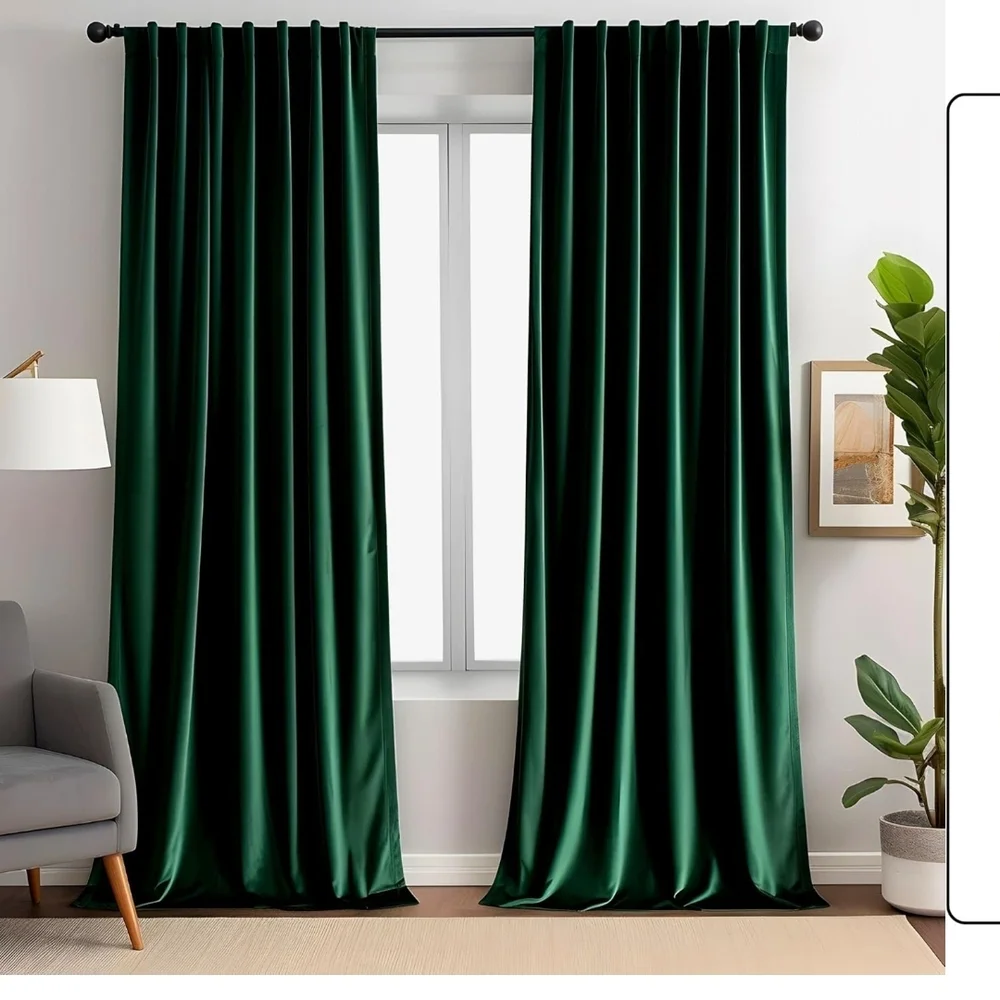 Emerald Green Velvet Curtains for Living Room 52" W x 96" L Luxury 80% Blackout - Picture 1 of 3